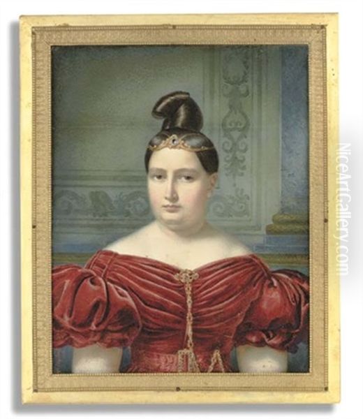 A Young Lady (the Artist's Wife?), In Red Dress With Short Puffed Sleeves, Orange And Red Enamelled Gold Brooch And Matching Chain Suspended From Corsage And Matching Belt Buckle On Red Sash - view 1