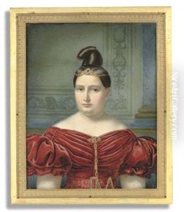 A Young Lady (the Artist's Wife?), In Red Dress With Short Puffed Sleeves, Orange And Red Enamelled Gold Brooch And Matching Chain Suspended From Corsage And Matching Belt Buckle On Red Sash