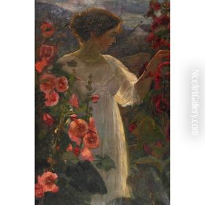 Young Girl Admiring Flowers by Owen B. Staples