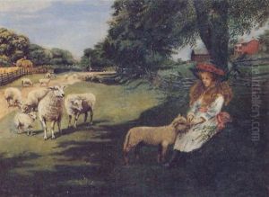 Young Girl Feeding A Lamb In A Shady Pasture by Owen B. Staples