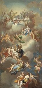 Scena Mitologica Con L'olimpo Degli Dei, Tra I Quali Sono Riconoscibili Giove E Giunone, Bacco, Mercurio, Crono, Apollo, Demetra E Diana by Gerolamo Starace