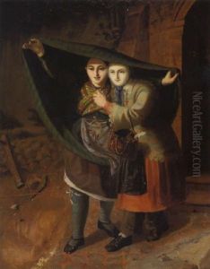 Deux Jeunes Filles Se Protegeant De La Pluie by Gaspard Joseph Pit Jules Starck
