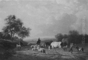 Figures With Cattle On A Country Road, A View Of A Town     Beyond