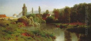 A Wooded Landscape With An Elegant Figure By A Pond, A Country House In The Background by Willem Tjarda van Starckenborgh Stachouwer