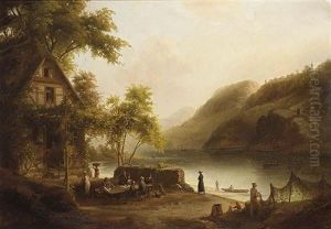 Travellers Drinking And Eating Near A Lake