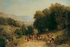 Mittelgebirgslandschaft Mit Bauerlichem Festzug by Jacobus Nicolaas (Baron Tjarda van) Starckenborgh