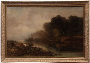 River Landscape With Herder, Sheep And Cattle At Ferry