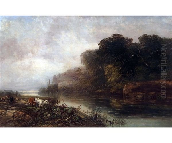 River Landscape With Herder, Sheep And Cattle At Ferry Crossing - view 1