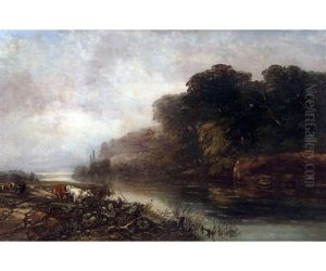 River Landscape With Herder, Sheep And Cattle At Ferry Crossing River Landscape With Herder, Sheep And Cattle At Ferry Crossing
