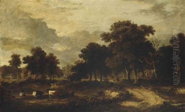 A Wooded Landscape With Cattle Watering And Figures On A Track Beyond - view 1