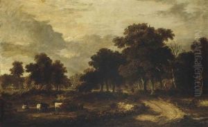 A Wooded Landscape With Cattle Watering And Figures On A Track Beyond by James Stark