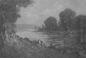 Badende Am Neckar Mit Weitem Blick Auf Vorort Und Brucke Einer Stadt