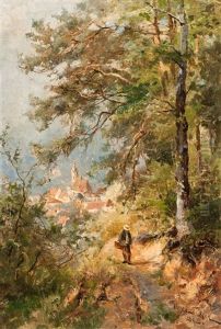 Forest Path With View Of The Collegiate Church At Baden-baden by Vitus Staudacher