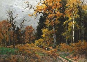 Herbstlicher Wald Mit Einem Ochsengespann by Vitus Staudacher