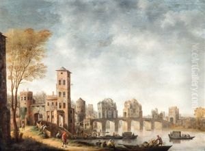 Stadsgezicht Met Boogbrug En Vele Figuren Met Koopwaar by Jan Adriaensz van Staveren
