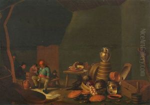 Two Paintings With A Rustic Interior And A Kitchen Still Life by Jan Adriaensz van Staveren