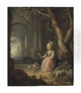 Portrait Of A Girl With Her Dog In A Courtyard, A Landscape With Ruins Beyond by Jan Adriaensz van Staveren