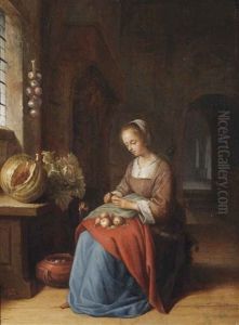 A Young Woman Preparing Vegetables In A Kitchen by Jan Adriaensz van Staveren