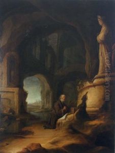 A Hermit At Prayer In A Grotto With Classical Ruins
