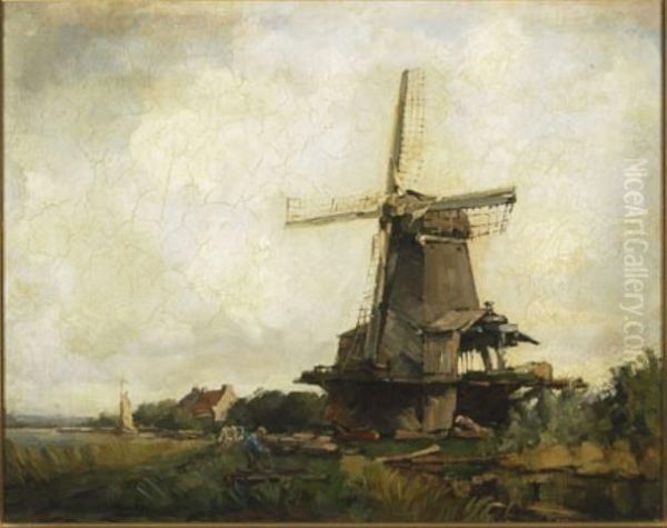 Farmer In A Polder Landscape With Windmill - view 1