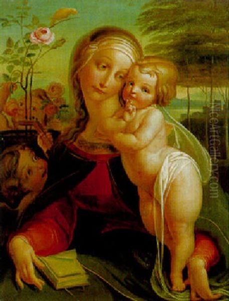 Maria Mit Kind Und Zwei Engeln In Einer Landschaft Mit Rosenstrauch - view 1