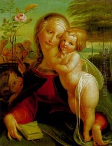 Maria Mit Kind Und Zwei Engeln In Einer Landschaft Mit Rosenstrauch by Franz Anton Stecher