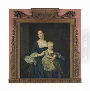 Portrait Of Lady, Thought To Be Mary Mytton, Three-quarter-length, In A Blue Silk Dress With Lace Trim, With Her Son On Her Knee, In A White Gown by Christopher Steele