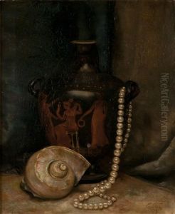 Nature Morte Comprenant Un Vase Grec A Figures Rouges, Un Collier De Perles Et Un Nautile
