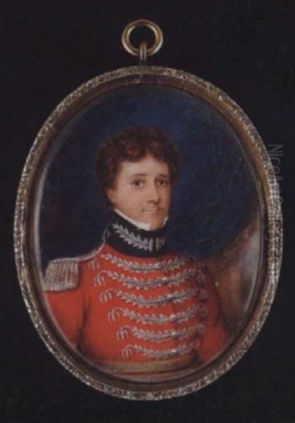 An Officer Wearing Red Uniform With Blue Collar, Silver Frogging, Epaulette And Gold Belt, Blue Curtain Background - view 1