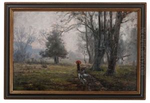 Woman With Red Umbrella On Tree-lined Path