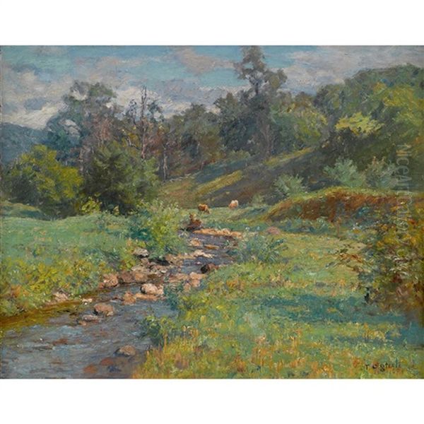 Cows Watering By A Stream - view 1