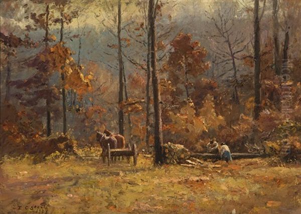 Woodcutters Working With Horses In An Autumn Forest - view 1