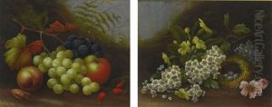 Still Life Of Apples And Grapes On A Mossy Bank; Still Life With Flowers And A Bird's Nest by Edwin Steele