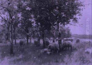Landscape With Sheep Under Birch Trees