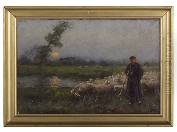 Sunset Landscape With A Shepherd And His Flock - view 1