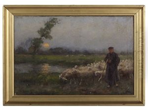 Sunset Landscape With A Shepherd And His Flock thumbnail