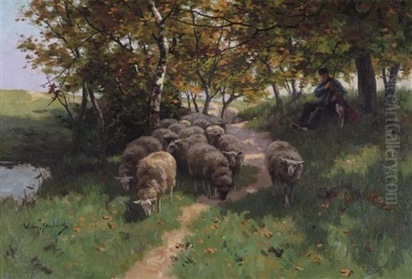 A Shepherd And Flock On A Shady Track - view 1