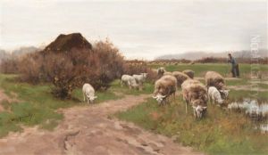 Shepherd With His Flock Of Sheep On The Heather Shepherd With His Flock Of Sheep On The Heather