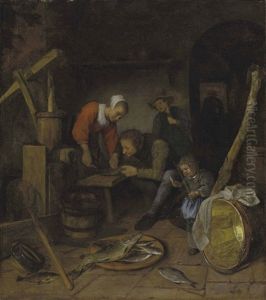An Interior With Figures Preparing Fish