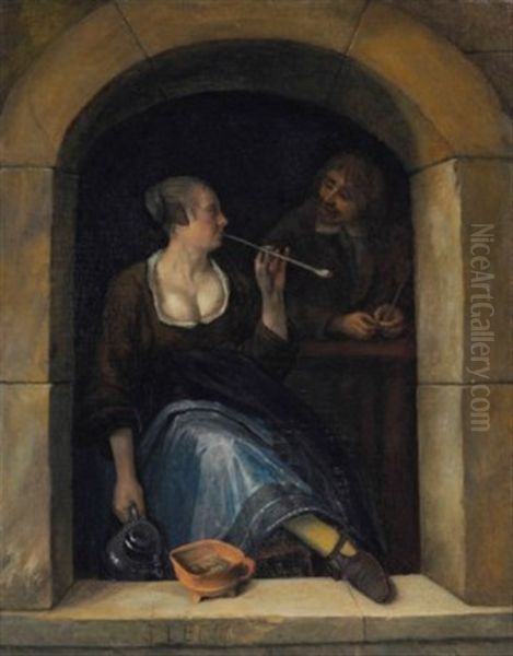 A Woman And A Man Smoking, Viewed Through An Open Archway - view 1