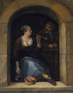 A Woman And A Man Smoking, Viewed Through An Open Archway