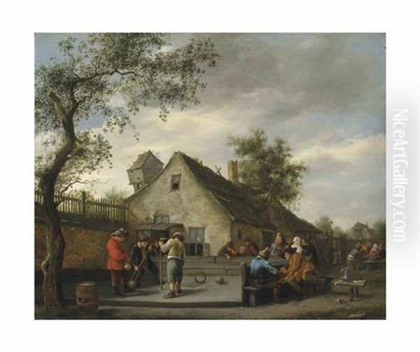 Boors Playing A Game Of Beugelenbefore A Country Inn, Onlookers Smoking Beyond - view 1