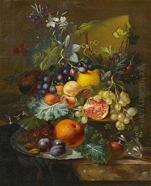 Fruchtestillleben Mit Trauben, Orange, Zitrone Und Granatapfel Auf Marmorierter - view 1