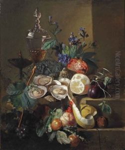An Opulent Still Life Of Oysters, A Lemon, Pomegranate And A Crystal Wine Cup