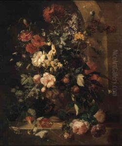 Still Life Of Roses, Opium Poppies...in Terra Cotta Vase On A Ledge