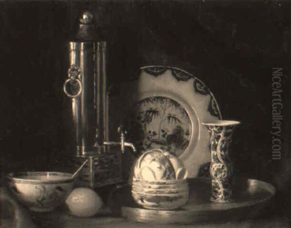 Still Life With Porcelain, Copper Coffee Holder And A Lemon - view 1