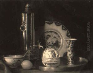 Still Life With Porcelain, Copper Coffee Holder And A Lemon by Gerard L. Steenks
