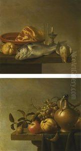 Still Life With A Ham, A Fish And A Candle Arranged On The Edge Of A Tabletop; Still Life With A Ewer And Some Fruit On A Partly-draped Stone Ledge Still Life With A Ham, A Fish And A Candle Arranged On The Edge Of A Tabletop; Still Life With A Ewer And Some Fruit On A Partly-draped Stone Ledge
