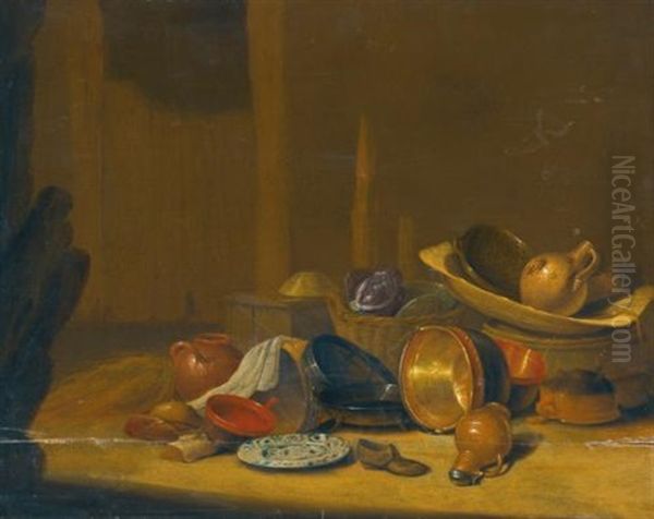 A Barn Interior With Cabbages In A Basket, A Strainer And A Westerwald Stoneware Jug In A Wooden Washing Tub On A Barrel With Copper Buckets, Pots And Pans, A Jug, A Shoe And A Chinese Plate Nearby - view 1