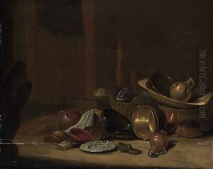 Cabbages In A Basket, A Strainer And An Earthenware Jug In A Wooden Washtub On A Barrel, With Copper Buckets, Pots And Pans...